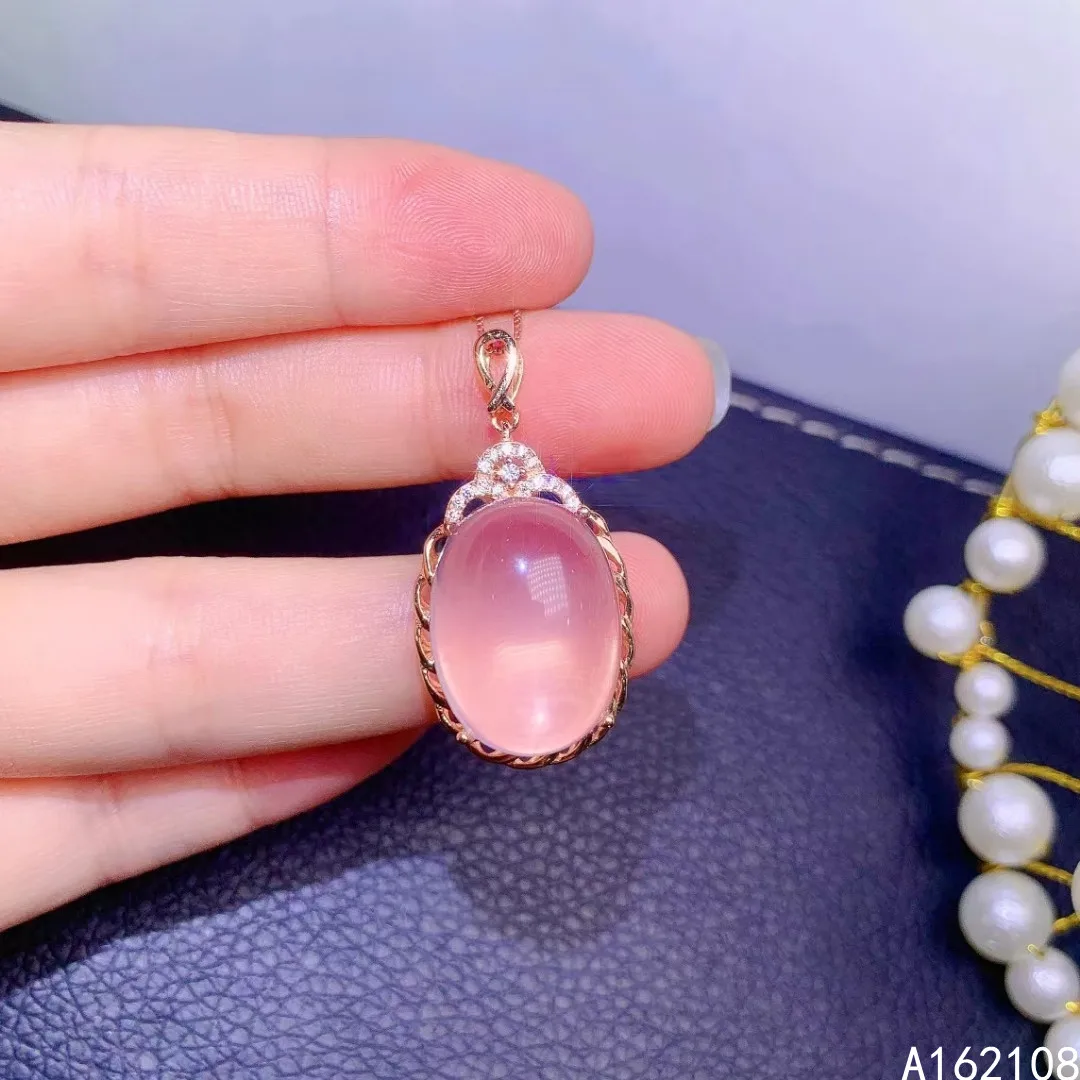 Fine Jewelry 925 Sterling Silver Inset With Natural Large Gem Women Luxury Popular Oval Rose Quartz Pendant Necklace Support Det