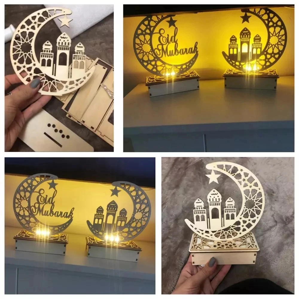 ИД Луна Звезды светодиодный светильник деревянный Мубарак украшения на Рамадан
