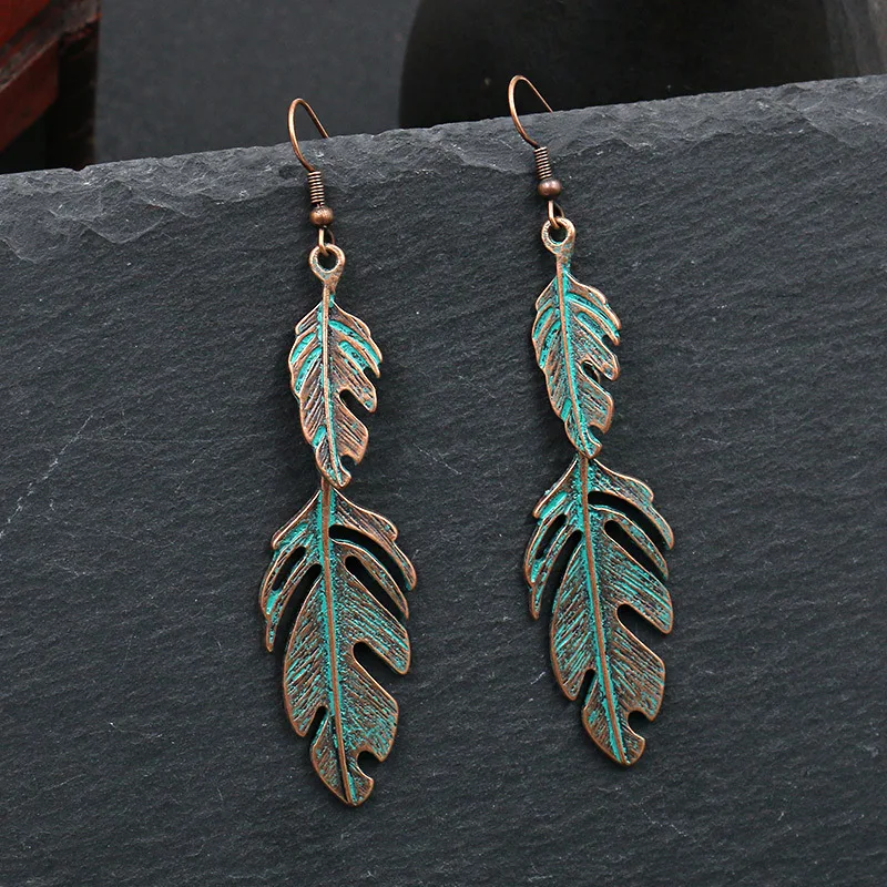 Серьги подвески ярь медные с двумя листьями и перьями|Серьги-подвески| |