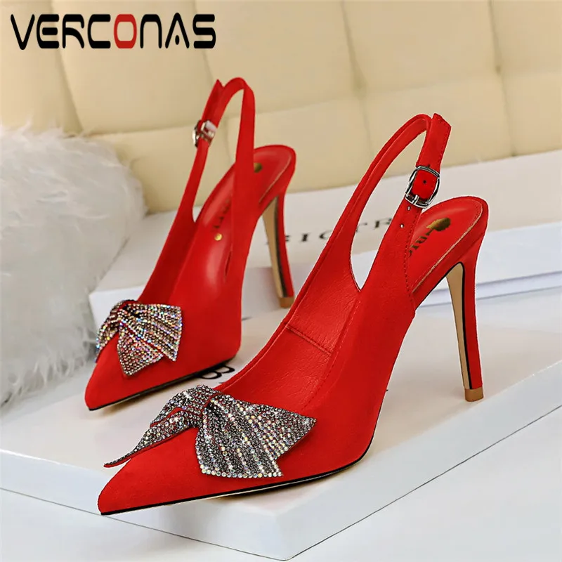 

VERCONA 2021 Sexy Prom Pumps Woman Sandals Woman Pumps Summer Rhinestone Butterfly Knot Pointed Toe Thin Heeled Shoes Woman