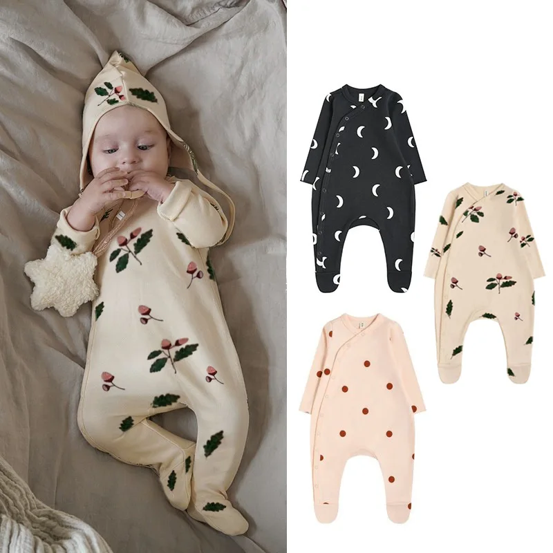 

2021 Fall Boys Girls Baby Infant One-piece Long Sleeve Newborn Jumpsuit with Side Lapel Full Button Foot Wrap