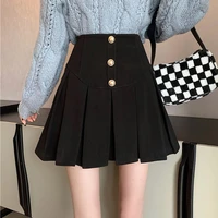 2022 spring new fashion women mini skirts high waist a line slim casual faldas cortas mujer black basic button folds jupe femme