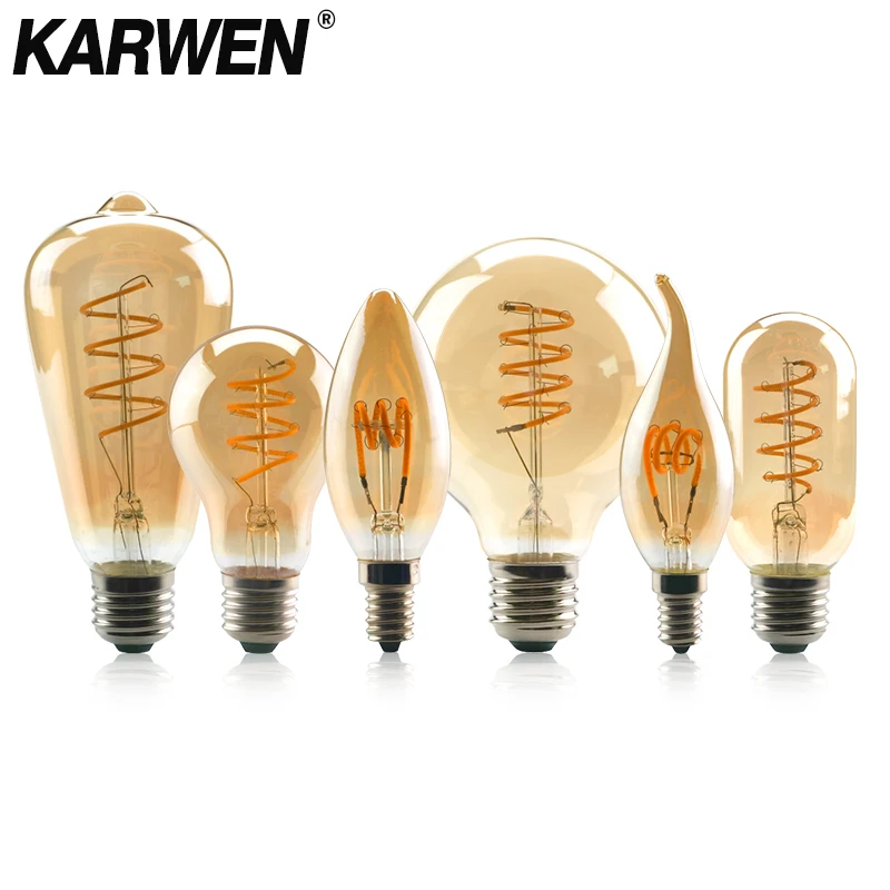 

Retro LED Edison Bulb E14 E27 Filament Light 4W Dimmable 2200K Warm Yellow 220V C35 A60 T45 ST64 G80 G95 Vintage Spiral Lamp