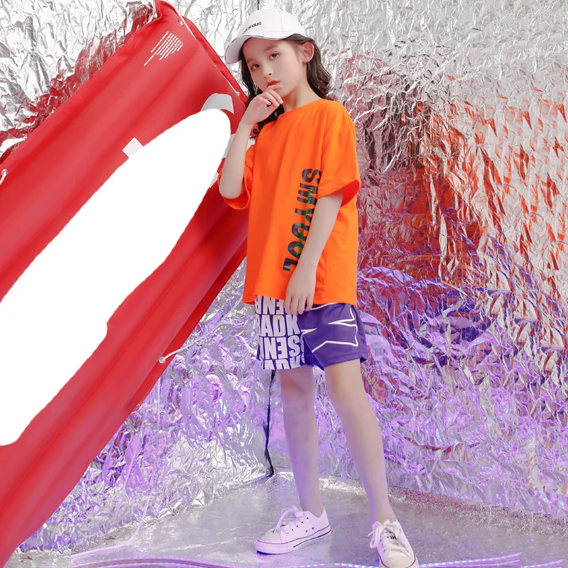 Kids loose Orange Tshirt Modern dance Clothing Hip Hop Jazz Dance wear Costumes Girls Ballroom Dancing Outfits Streetwear |