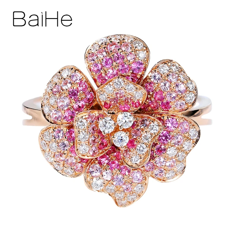 BAIHE Solid 14 к розовое золото 0.55ct натуральный розовый сапфир 0.25ct бриллиантами Для женщин свадебные модные ювелирные украшения цветы кулон кольцо - Цвет камня: Rose Gold
