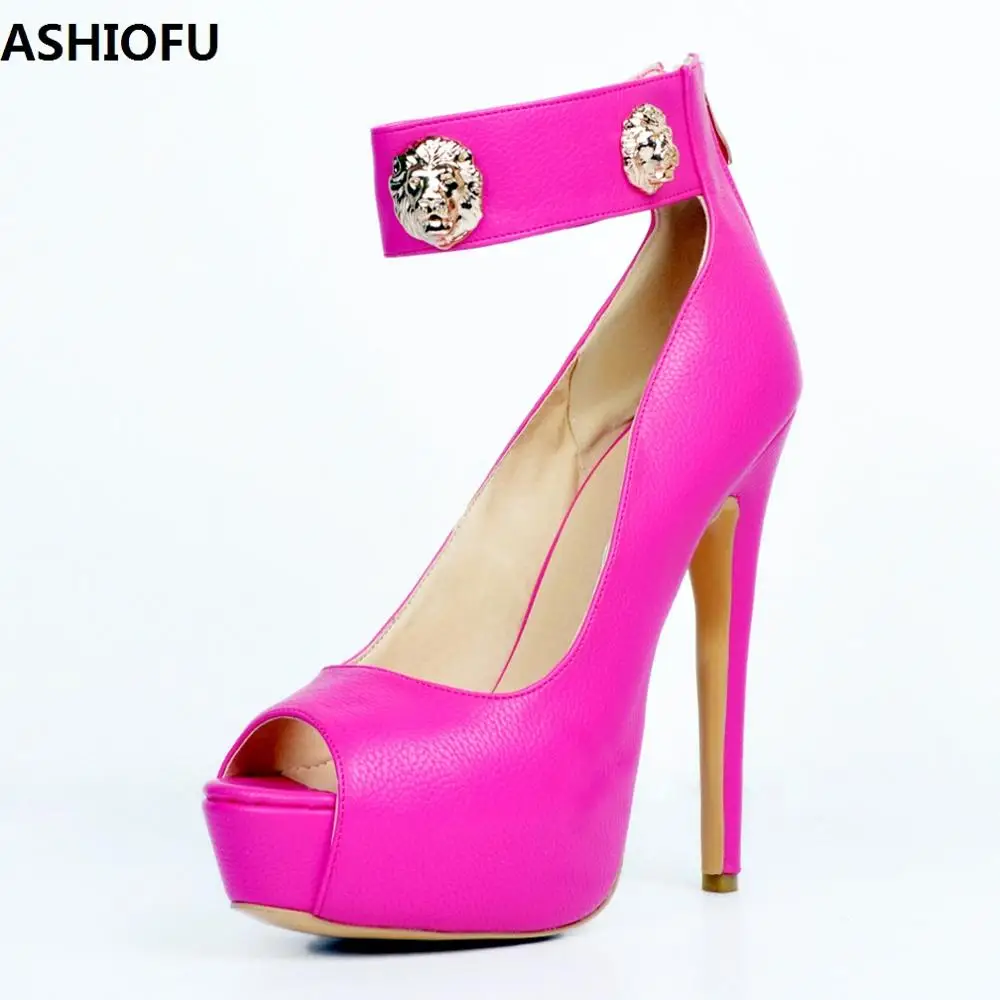 

ASHIOFU Handmade New Womens Pumps Ankle Strap LIONHEADS Party Prom Dress Shoes Stiletto High Heel Fashion Evening Court Shoes