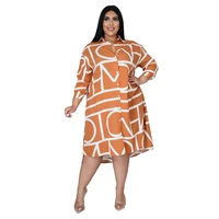 2021plus size womens autumn new fashion printed long sleeved shirt casual loose commuter work wear mid length dress4xl5xl