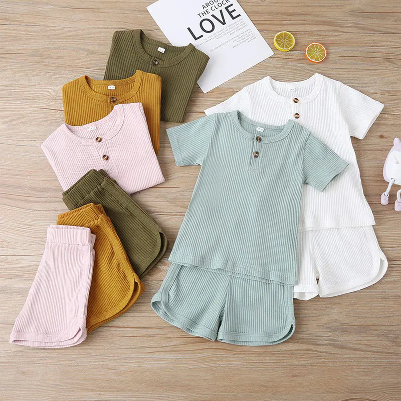 

Summer Toddler Infant Baby Girls Boys Casual Solid Color Cotton Outfits Suit Short Sleeve Tops Vest T-shirts+Shorts Clothes Set