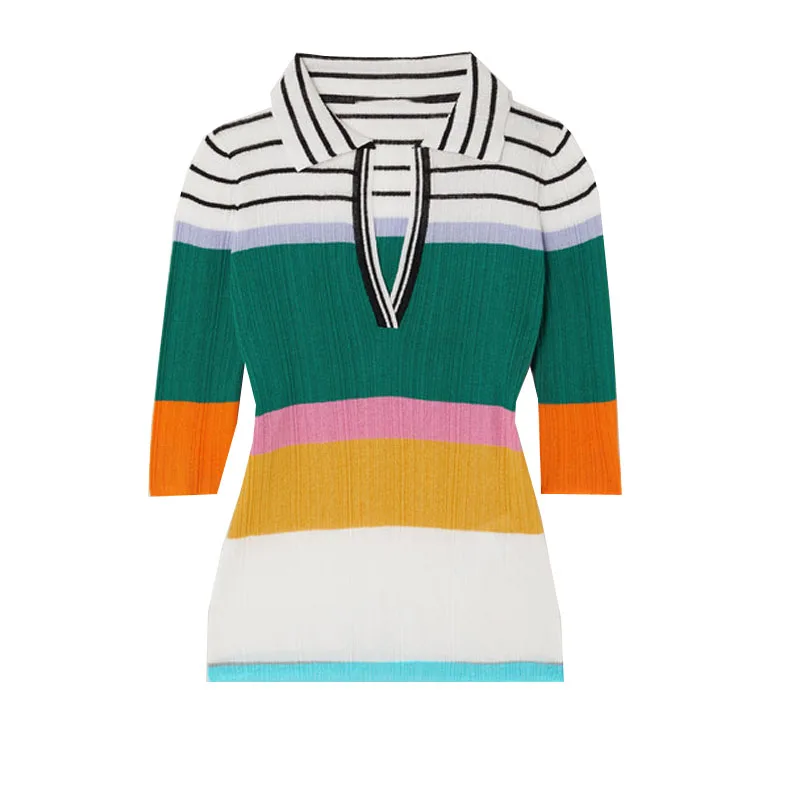 

Knitted Pullovers Women Turn-Down Collar Short Sleeve Elegant Vintage Color Striped Casual Designer Brand Sweater Tops Korean Za
