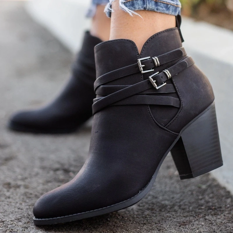 

Fashion Martin Boots Women Buckle PU Shoes Women Short Boots Square Heels Fashion Pointed Toe Ankle All Match Breathable New