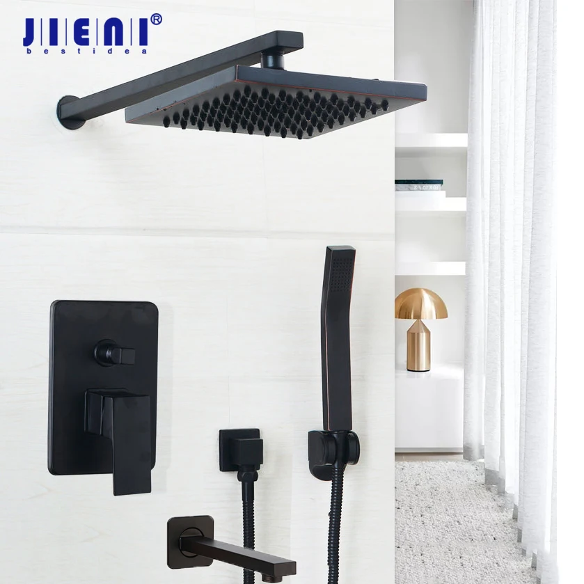 

JIENI Luxury Matte Black Bathroom Rainfall Shower Faucet Set Wall Mounted 8 Inch Oil Rubbed Bronze Head & Hand Shower Set