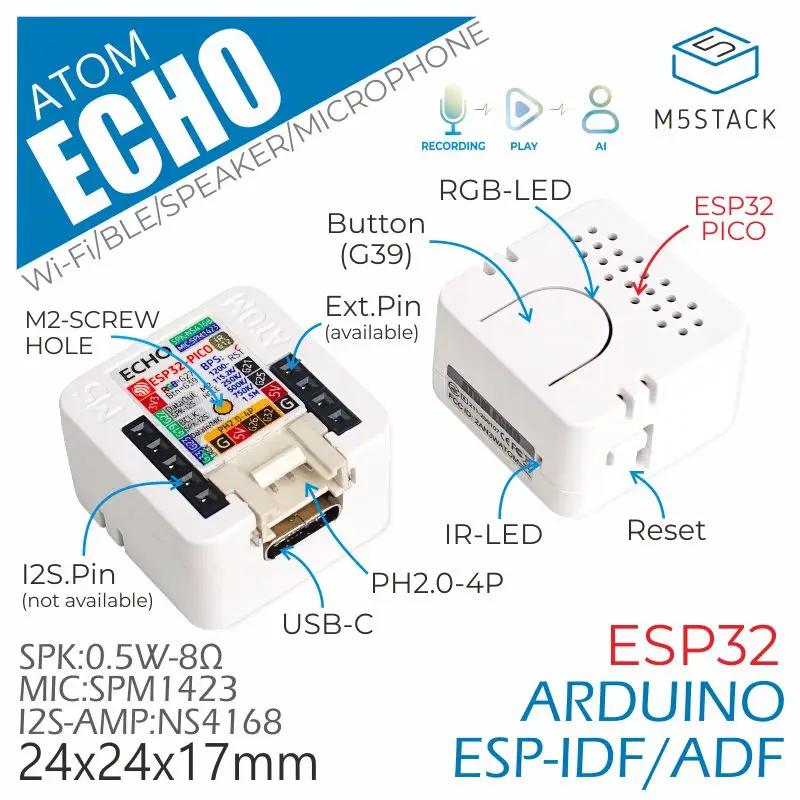 Удлинительная плата для динамиков M5Stack ATOM Echo Smart Speaker Dev Kit Wi Fi BLE IoT голосовое