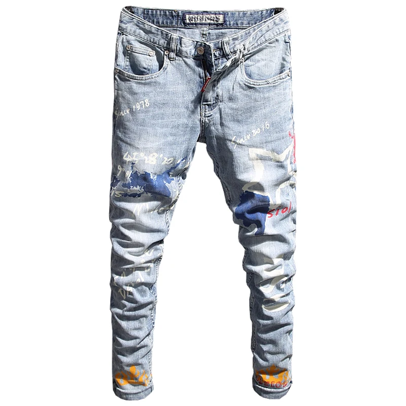 European American Street Fashion Men Jeans Retro Light Blue Slim Fit Printed Jeans Men Casual Designer Hip Hop Denim Punk Pants