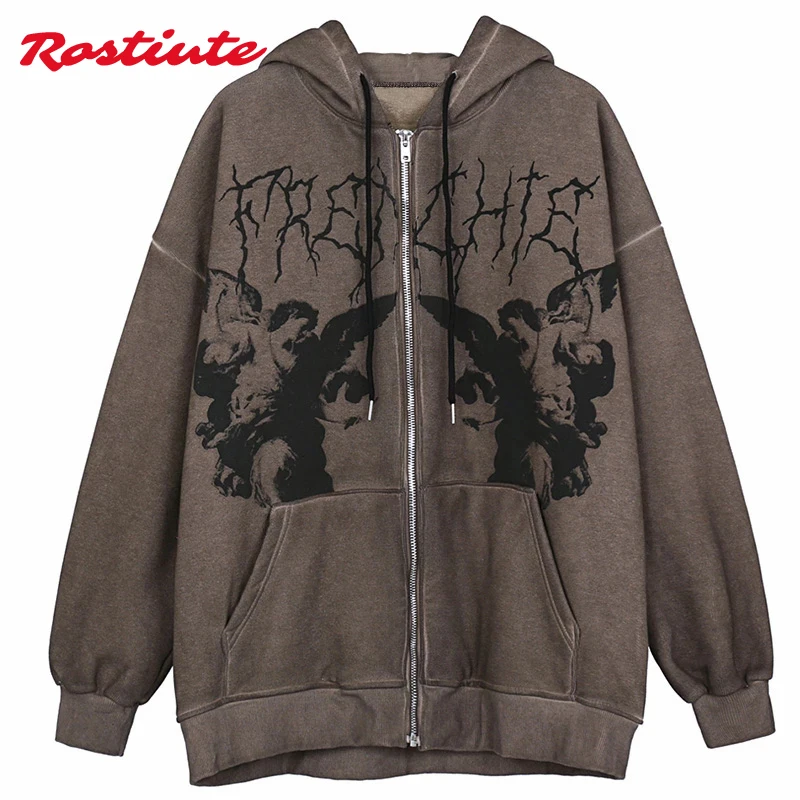 

Уличная Толстовка Rostiute в стиле хип-хоп для женщин, с принтом ангела, коричневая, на молнии, Женская мода 2021, Харадзюку, панк, куртка оверсайз, ...