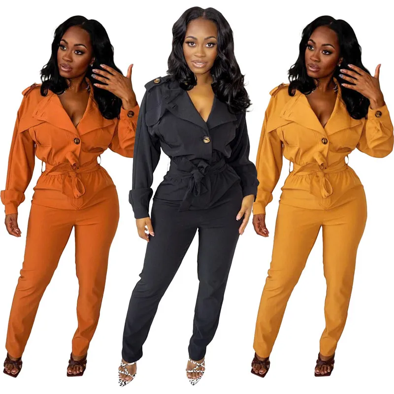 

WUHE Button Up Notched Neck Trench Style Jumpsuit Women Long Sleeve Streetwear Solid High Waist One Piece Overalls Playsuits