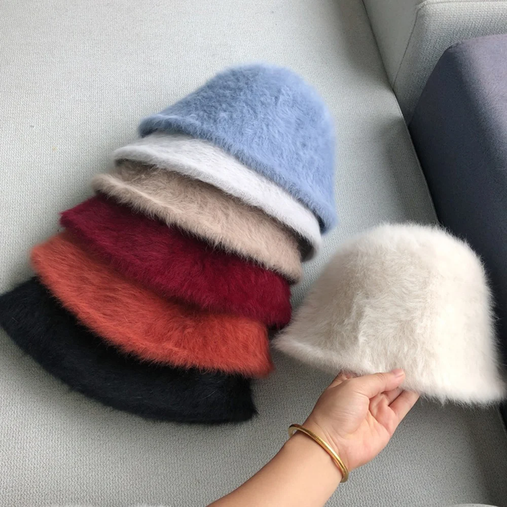 

Hat Winter Women's Fashion Solid Color Rabbit Fur Hat Bucket Cap Fisherman's Hat Retro Knitted Wool Basin Bucket Hat
