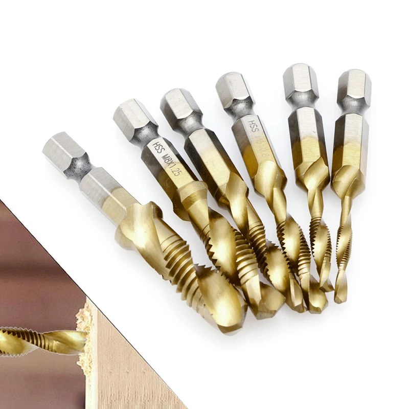 

6 x M3-M10 Hex Shank Titanium Plated HSS Hand Screw Thread Metric Tap Drill Bits