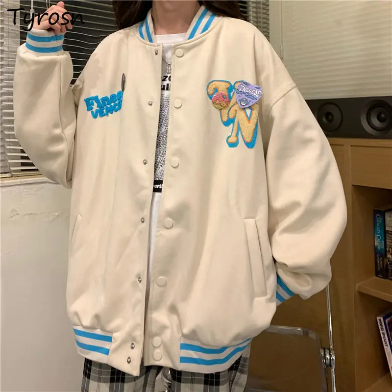 

Basic Jackets Women Sweet All-match Single Breasted Apricot Design Letter Printed Outwear Ulzzang Streetwear BF Chic Coats Teens