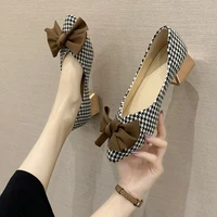 3 5cm retro houndstooth pattern mid heel summer and autumn sweet breathable and comfortable bow female high heeled shoes