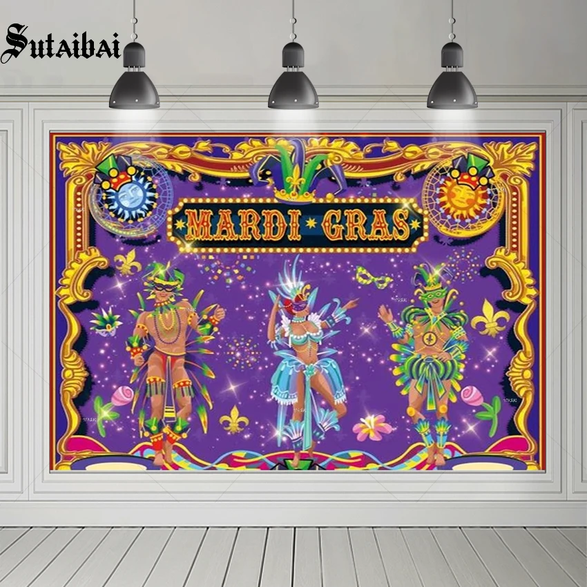 

Mardi Gras Backdrop Glitter Purple Carnival Masquerade Mask Dress Up Festival Celebration Party Supplies Photobooth Backdrop