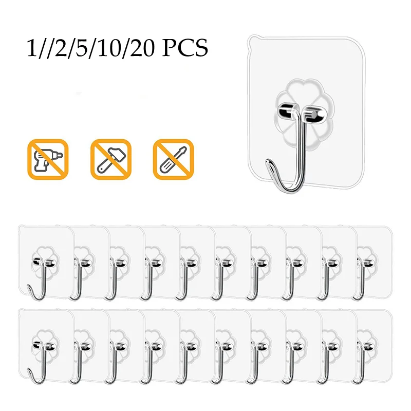 

1/2/5/10/20PCS Seamless Adhesive Waterproof Transparent Hook Load Bearing 10kg Wall Hook Kitchen Bathroom Wall Hanger Organizer