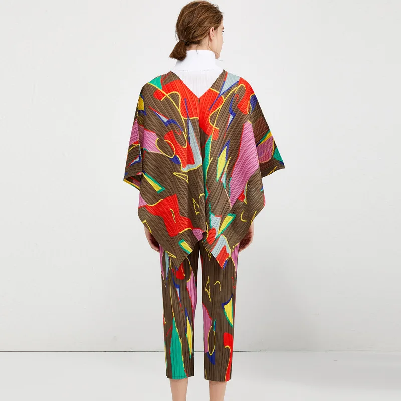 LANMREM хит цветной пуловер с v образным вырезом топы и штаны принтом для женщин