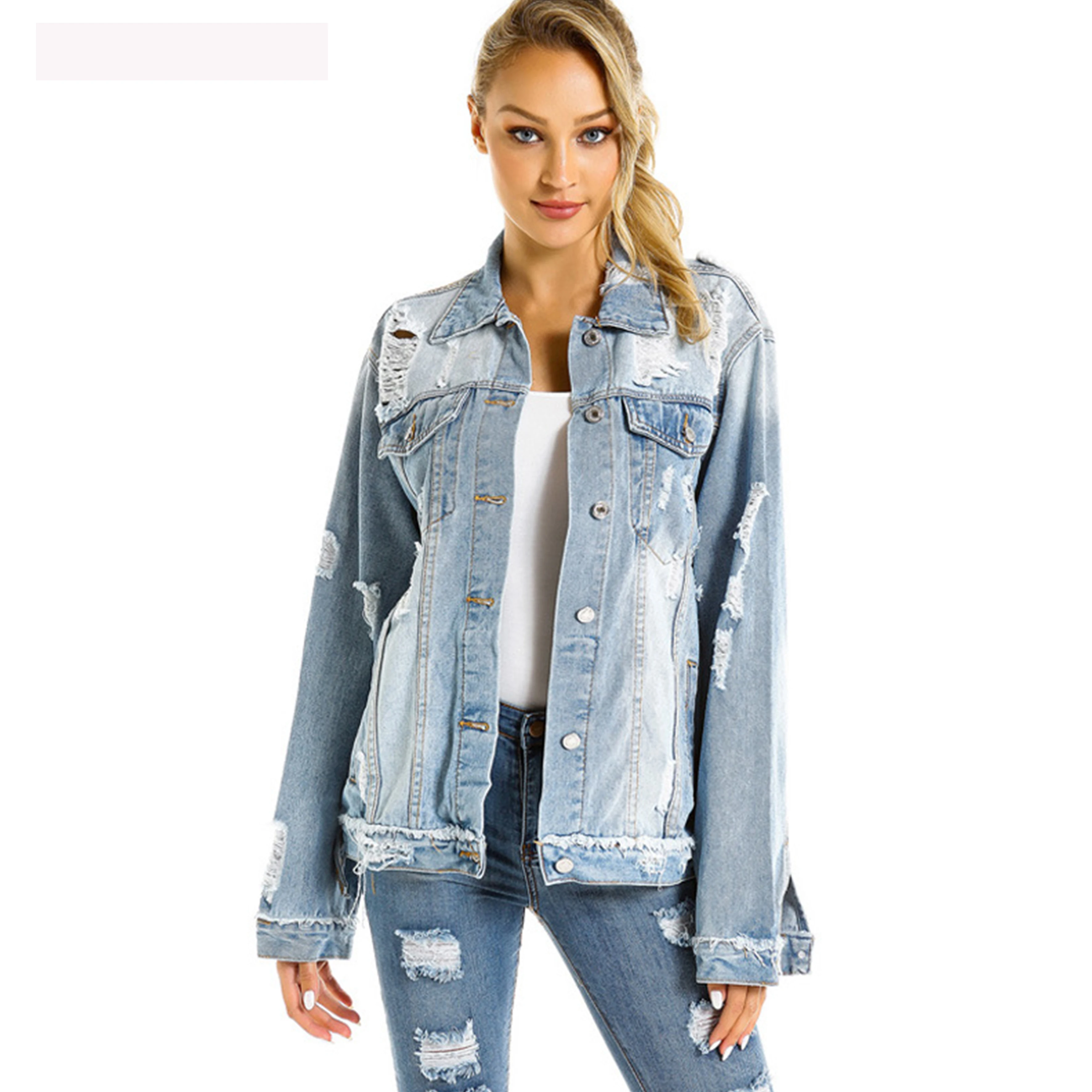 

FNOCE 2020 winter new women's ripped jeans jackets fashion sexy trends solid long sleeve hole hollow out large size denim coats