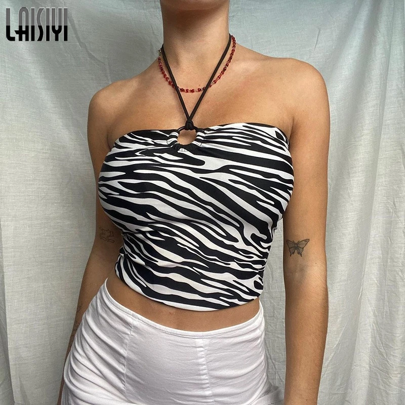 

LAISIYI Halter Strapless Zebra Skin Printed Chic Casual Crop Top Slim Sleeveless Trim Backless Tank Tops Women For Summer Street
