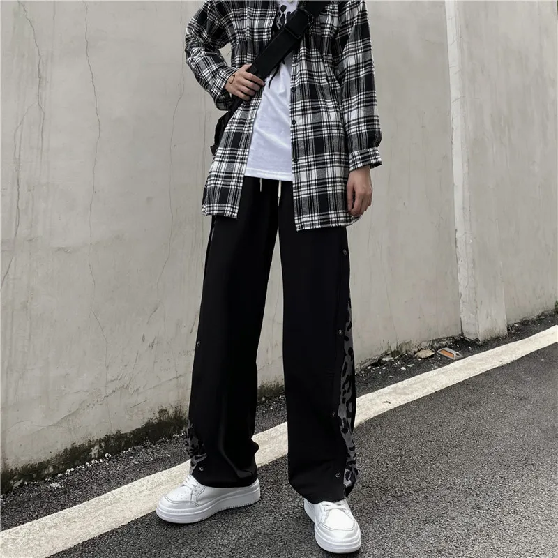 

Women's 2021 New Ins Retro Autumn and Winter Thickening Button Leopard Splicing Loose Straight Casual Wide-Leg Pants