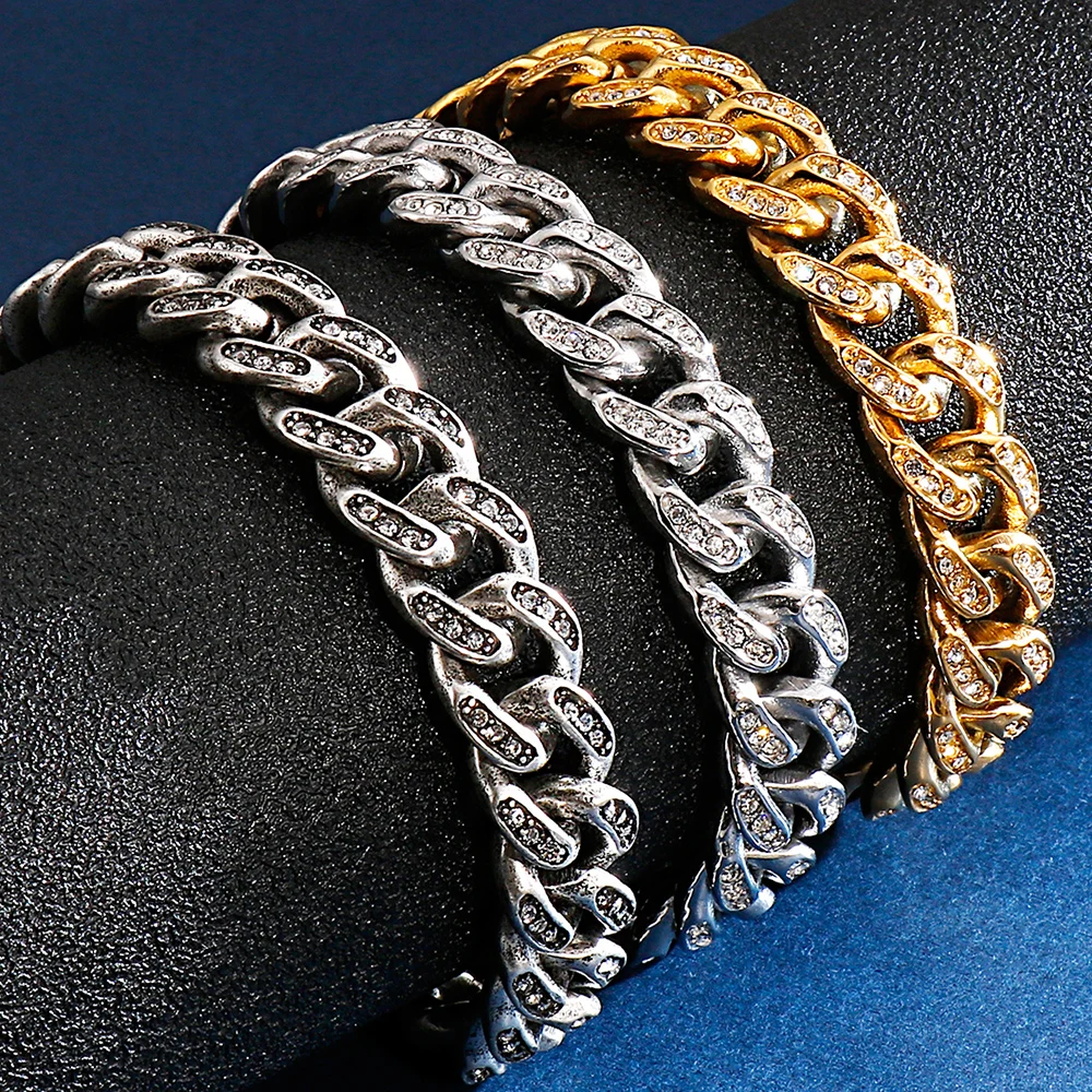 11 мм Майами КУБИНСКИЙ звено цепи мужской браслет золотой Нержавеющая сталь & CZ