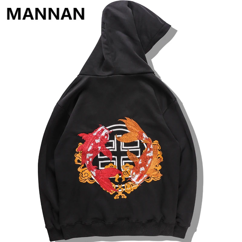 MANNAN, мужские толстовки с капюшоном, с вышитыми карпами, кои, рыбами, толстовки, Harajuku, хип-хоп, Модный пуловер, толстовка, уличная одежда, топы