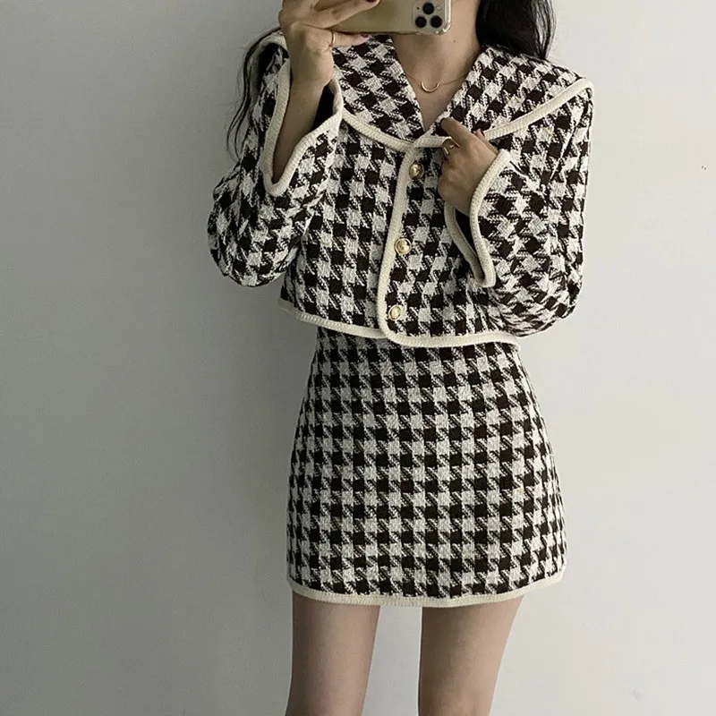 

Fall Winter Sexy Tweed Plaid Two Piece Set Long Sleeve Tops and High Wasit Mini Skirt Korean Style Sweet Elegant New 2 Piece Set
