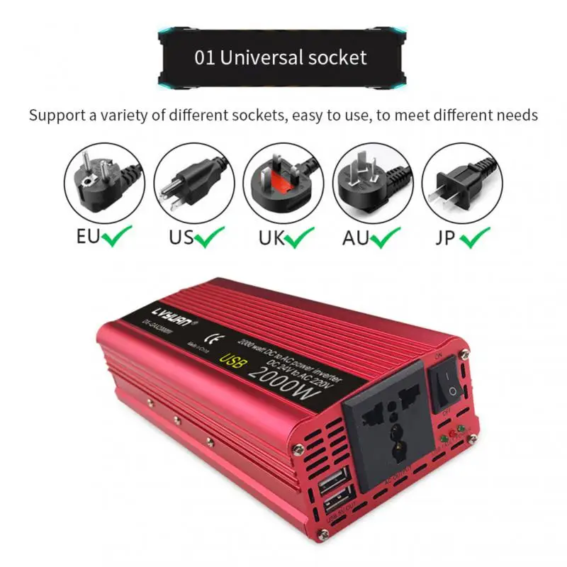 

Inverter 2000W DC 12/24V To AC 110V/220V Transformer Car USB Charger Adapter Converter Modified Sine Wave US UK Universal Socket