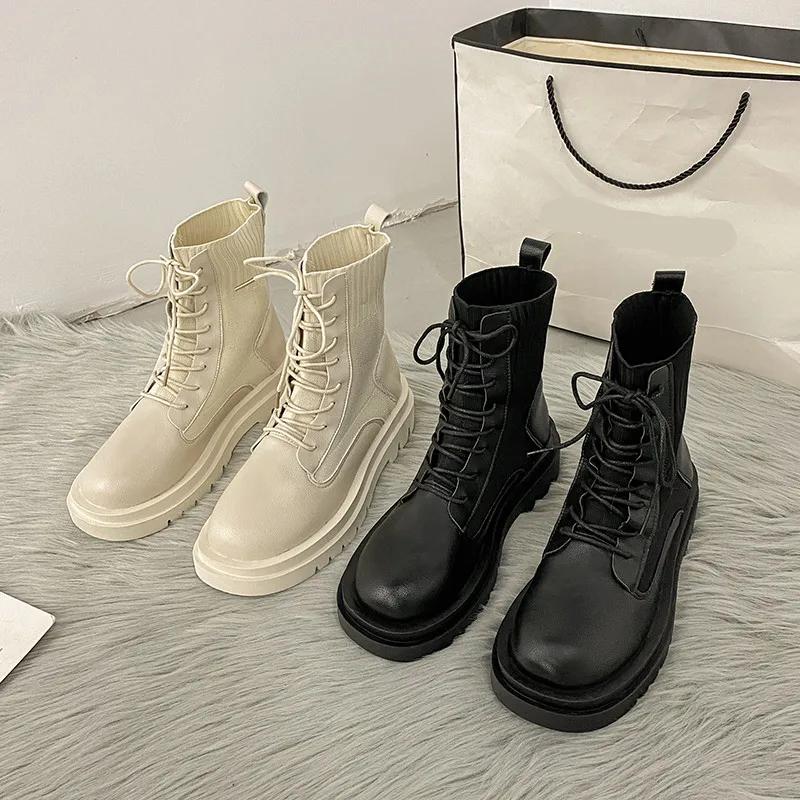 

Shoes Lace Up Lady Boots Boots-Women Round Toe Luxury Designer Flat Heel 2021 Autumn Ankle Rock Fashion Lolita Med Basic Cotton