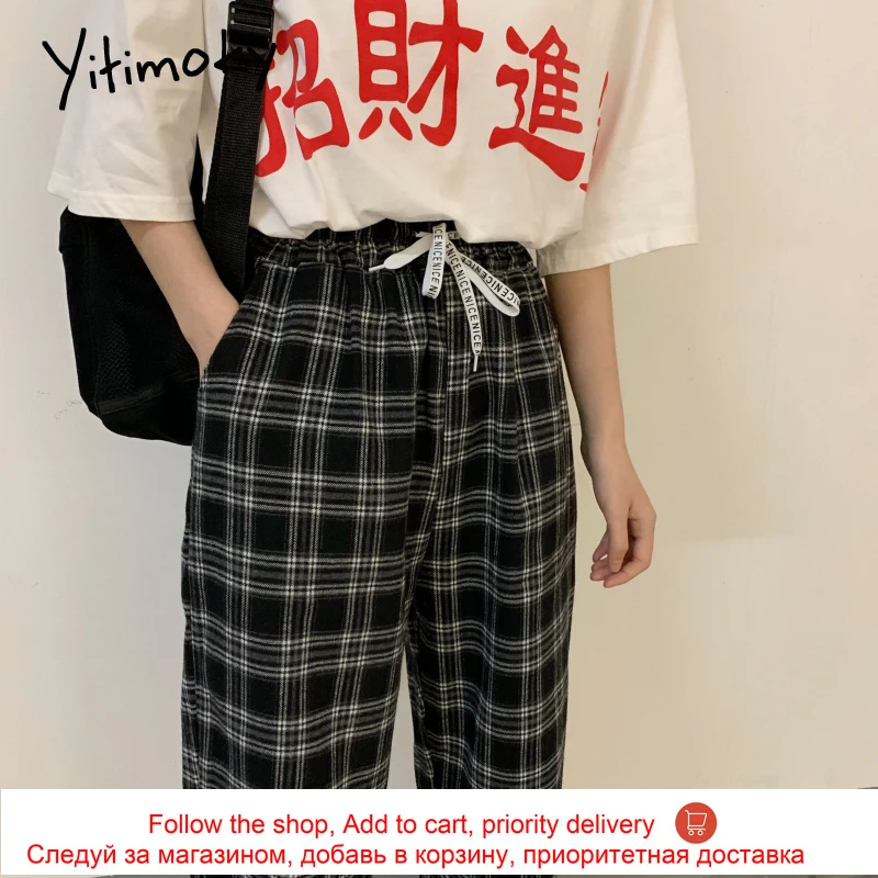 

Yitimoky Drawstring Sweatpants Women Wide Leg Plaid Pants Trousers Joggers High Waisted Korean Bottom 2021 Spring Fashion Black