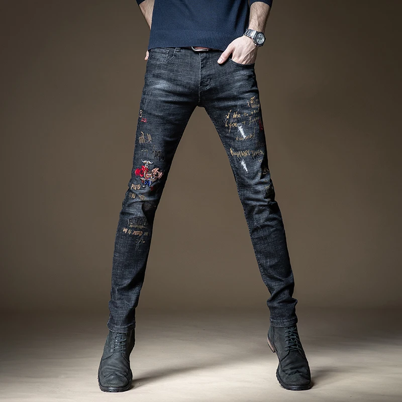 

Мужские черные модные джинсы с вышивкой стрейч джинсовая уличная одежда состаренные прямые облегающие брюки