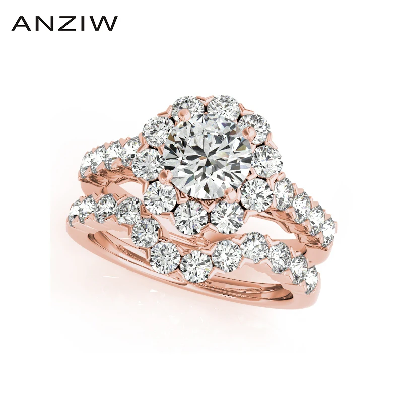 

ANZIW 925 Sterling Silver Women Rose Gold Color 4 Prongs Wedding Bridal Ring Sets Sona 1 Carat Round Cut Engagement Ring Sets
