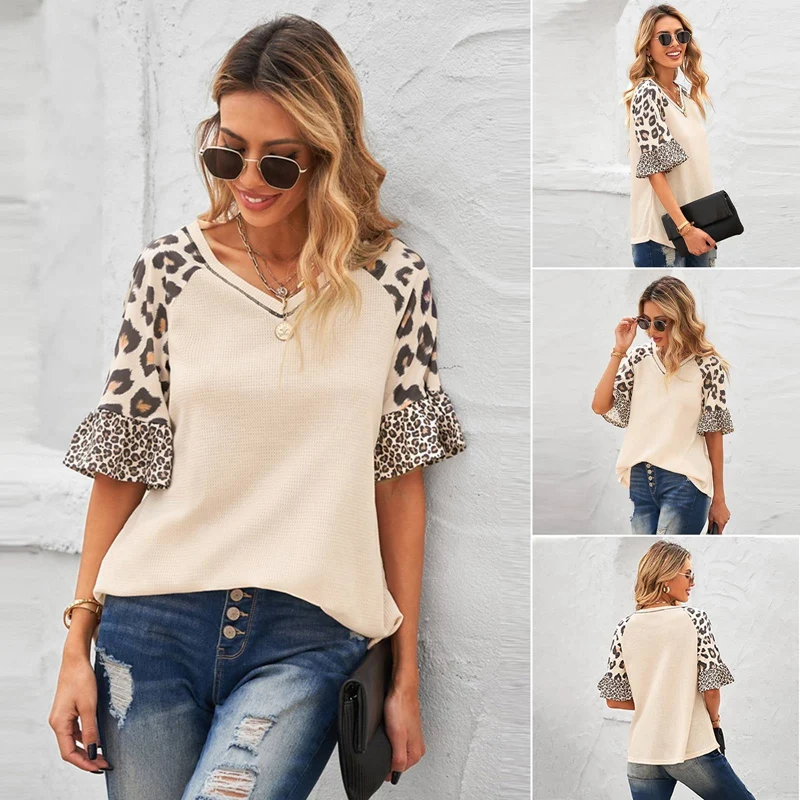

Summer Short Sleeve T Shirts Leopard Print Leopard Stitching Half Sleeve Top Women Loose Flowy Tee Shirt camisetas de mujer