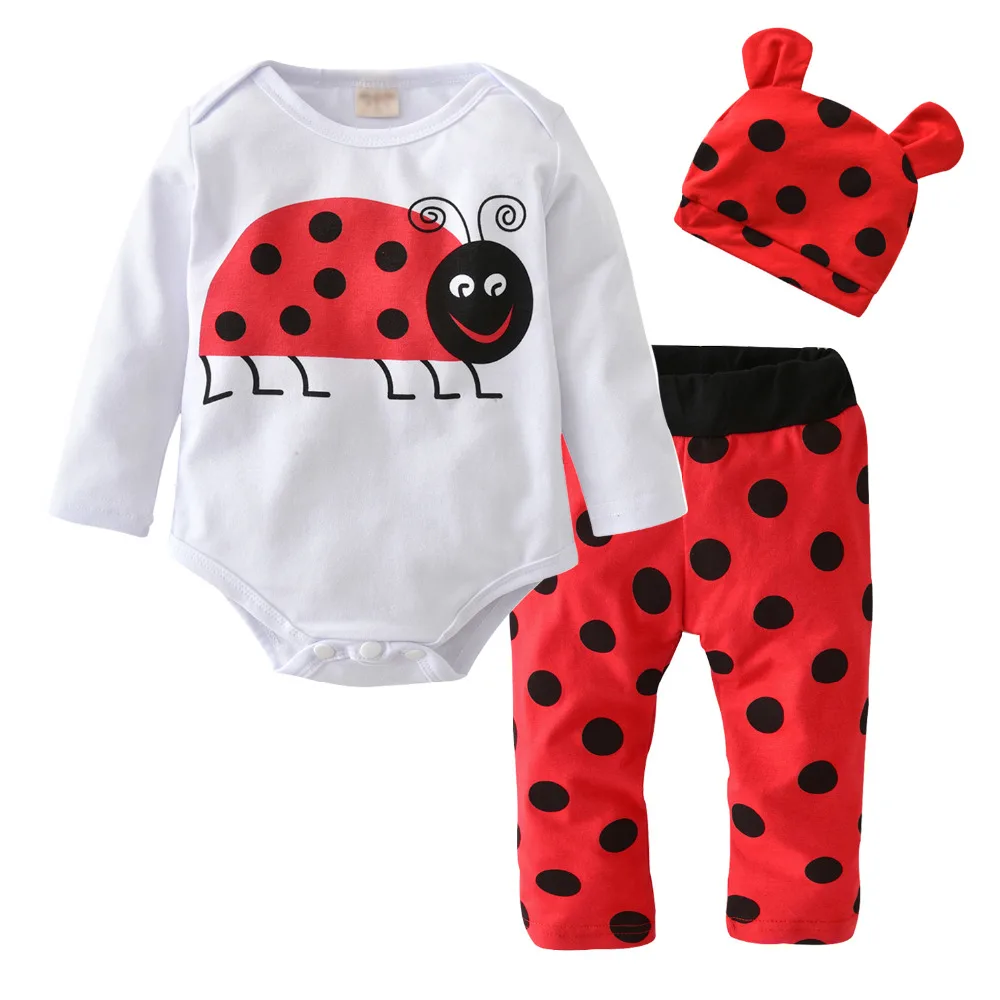 2020 New Style Baby Boys Girls Clothes Newborn Long Sleeve Cartoon orangutan and ladybug Romper+Pants+Hat 3 Pcs Infant Clothing |