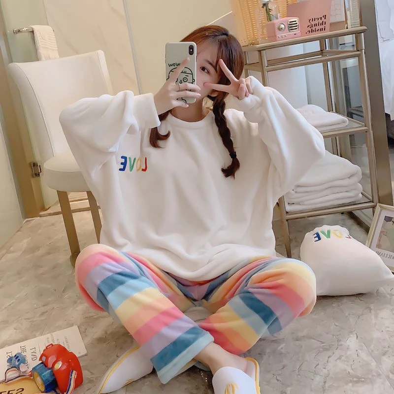 

Women's Pajamas Set Warm Winter Flannel Cute Rainbow Sleepwear Coral Fleece Sunflower Homewear Casual Loose Home Clothes Femme