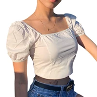 hirigin women sexy white color crop tops square neck puff sleeve wrap bustier open back blouses summer all match t shirt female