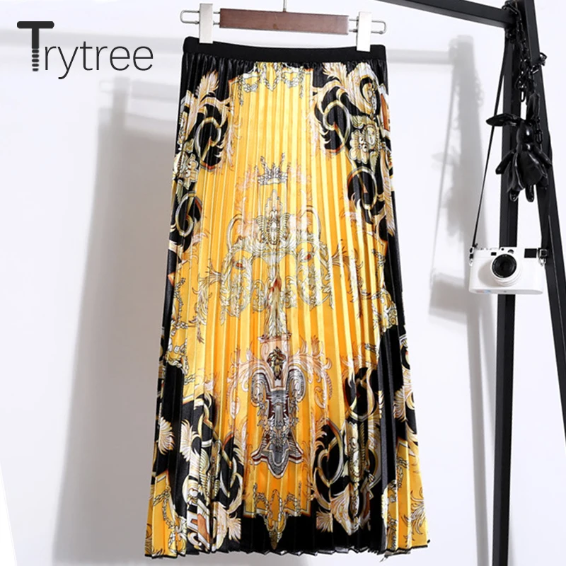 Trytree/осенне зимняя женская повседневная юбка в стиле ампир желтая плиссированная