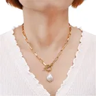 Женская цепочка с зажимом для бумаги, ожерелье из нержавеющей стали с пресноводным жемчугом в стиле барокко