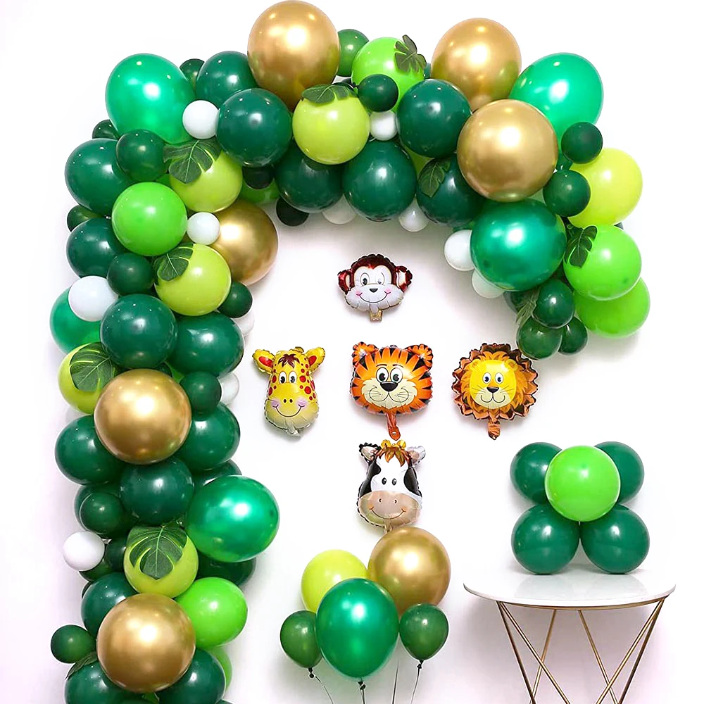 

Jungle Safari 144 pieces green palm leaf animal aluminum foil latex balloon set