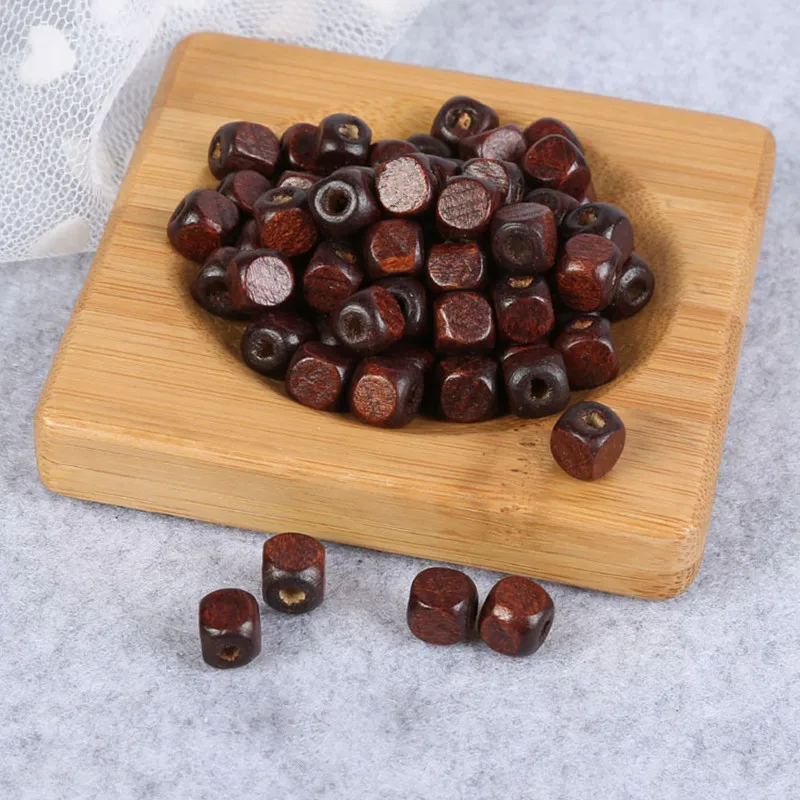 Кубические бусины браслет сделай сам деревянные Квадратные темно коричневые из