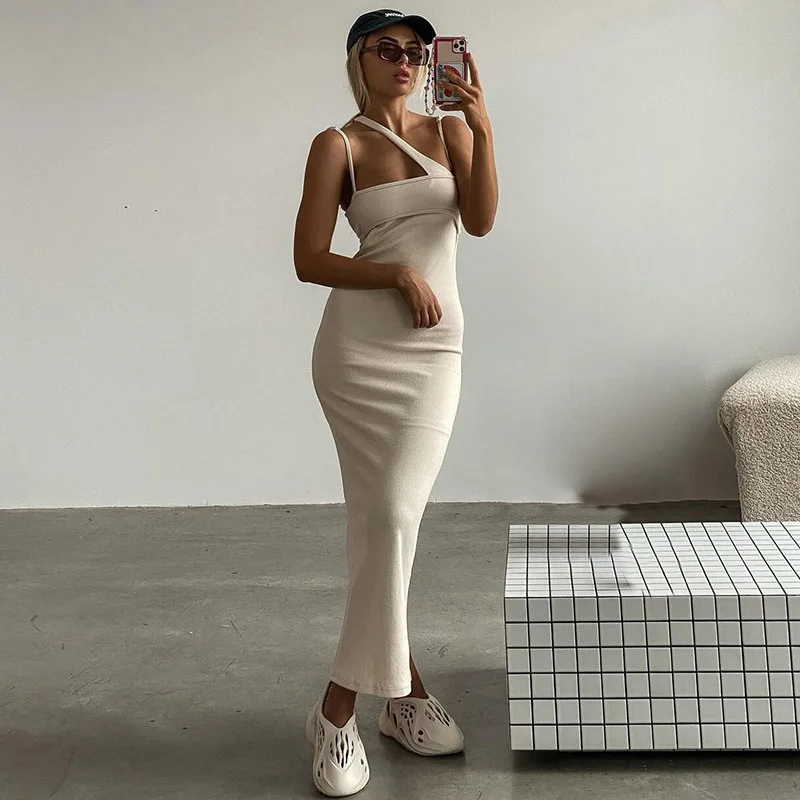 

Women Oblique Shoulder Dress, Adults Summer Solid Color Spaghetti Strap Slit