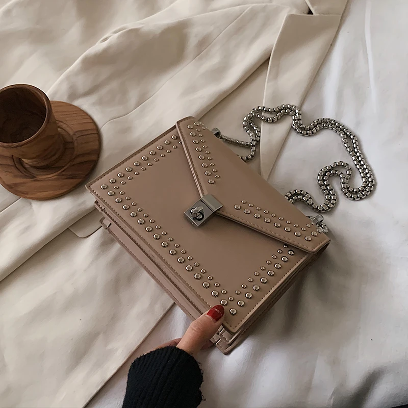 

Scrub Leather Brand Designer Shoulder Simple Bags For Women 2021 Chain Rivet Luxury Crossbody Bag Female Fashion Small Handbags