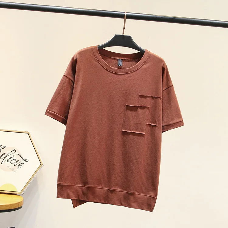 Women Summer T-shirt Lady Tees Female Solid Color Short Sleeve Tops Patch Asymmetry Hem Fashion Plus Size G2-A30 | Женская одежда