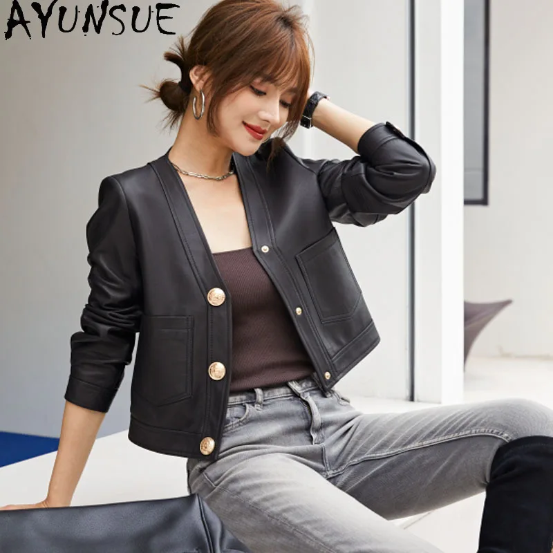 AYUNSUE Fashion Real Sheepskin Coat Genuine Leather Jacket Women Korean Style Casual Motorcycle Woman Clothes Chaquetas De Mujer
