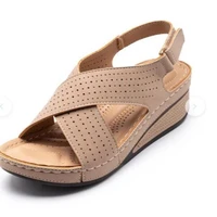 women sandals new summer shoes woman ladies sewing hollow out wedges female casual pu leather comfortable retro sandalis